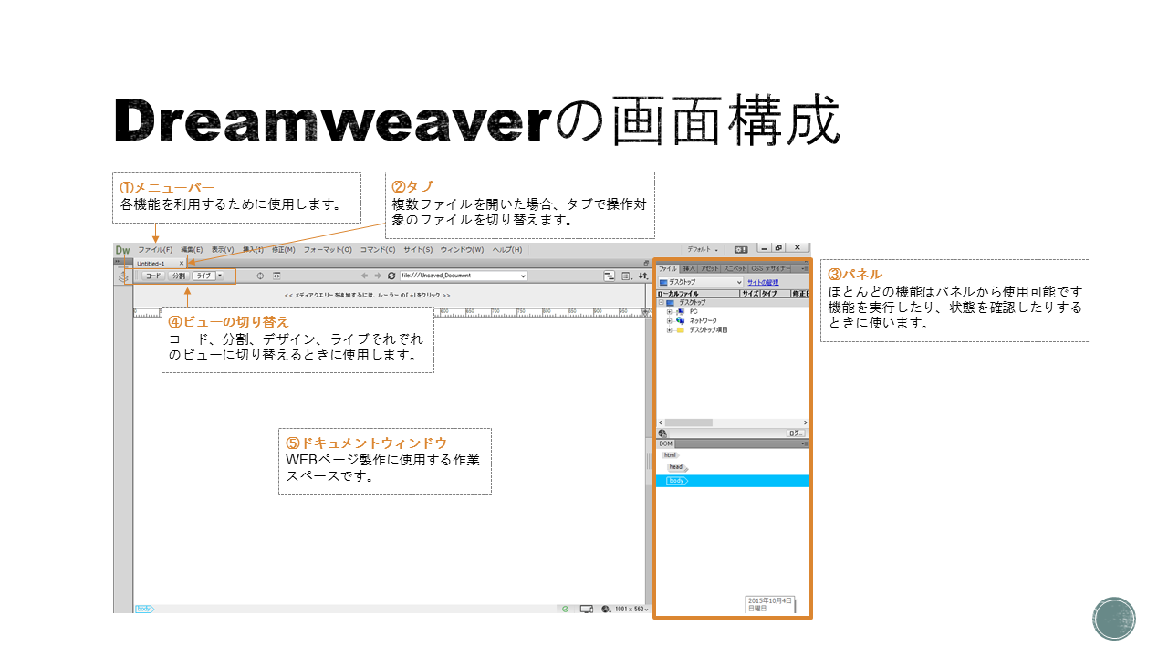 Dreamweverの画面構成